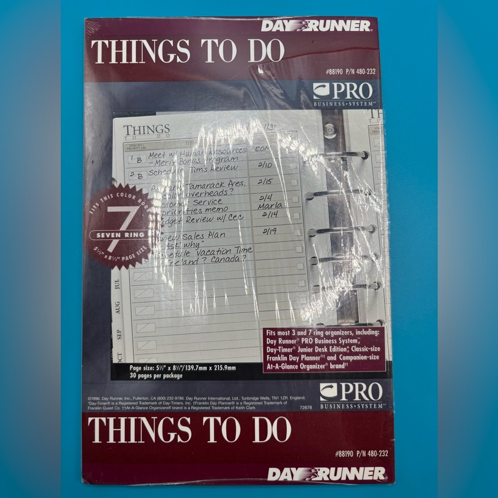 DAY RUNNER PRO Things To Do Pages #88190 NOS Pack 30 Sheets Sealed 7 Holes 1996